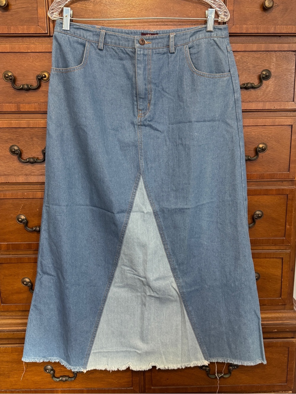 Two Tone Denim Maxi Skirt Raw Hem Y2K Grunge Boho Panel Mermaid Long Large